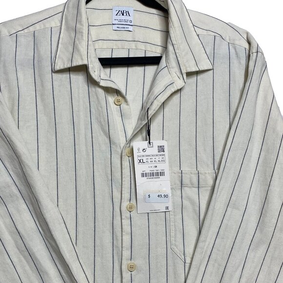ZARA Men’s Relaxed Fit Shirt XL Beige Striped Button-Up NWT - Picture 1 of 4